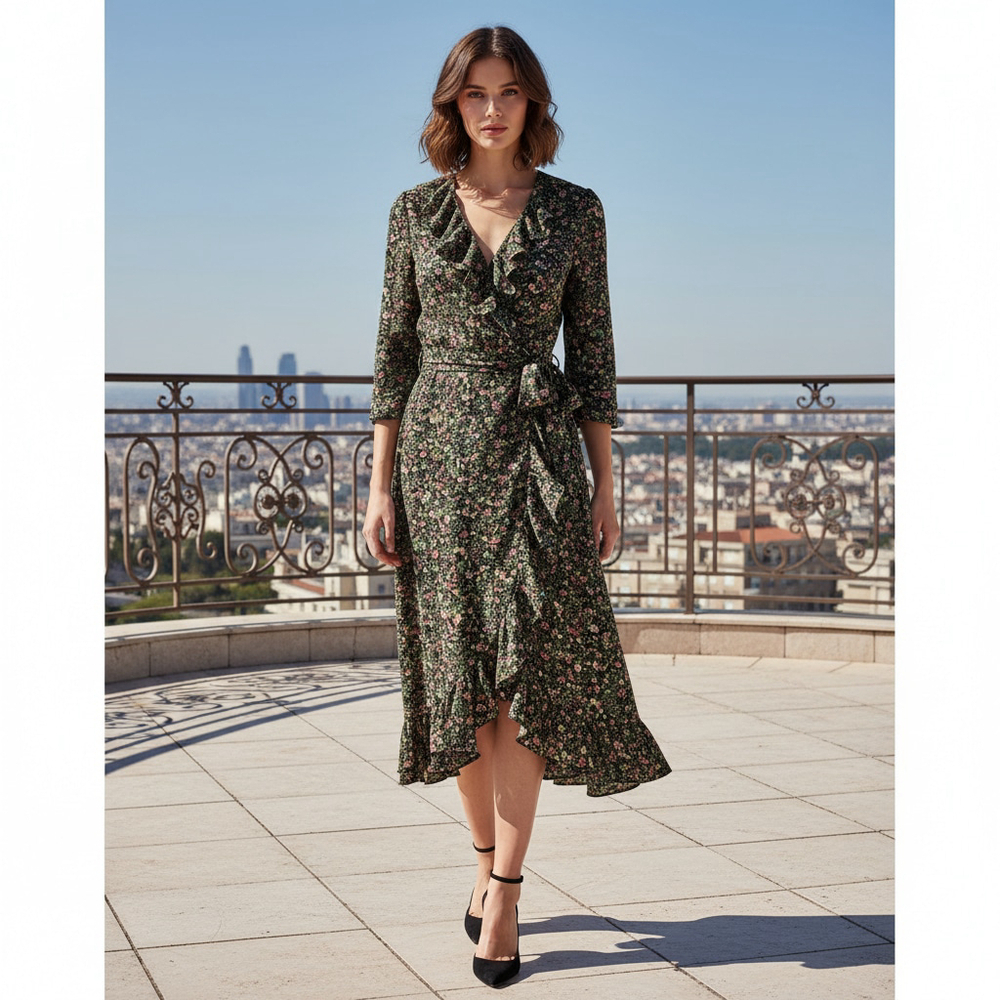 Topshop Ditsy Flower Spring Garden Ruffle Midi Wrap Dress with Belt Size 6